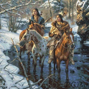 May include: Two people on horseback ride through a snowy forest. The horses are brown and white, and the riders are wearing traditional clothing. The scene is peaceful and serene.