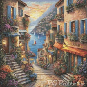 May include: A painting of a colorful, narrow street in a European village. The street is lined with buildings, flowers, and stairs. The street leads to a view of a blue ocean with boats and a mountain in the distance.