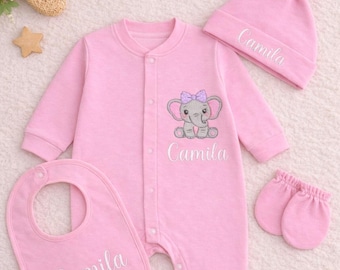 Embroidered Baby Girl Outfit Set | Personalized Elephant Embroidery Newborn Gift | Pink Coming Home Footie | Baby Shower Gift for Girls