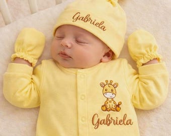 Personalized Baby Coming Home Outfit | Embroidered Giraffe Newborn Set | Custom Baby Name Gift | Yellow Gender Neutral Hospital Outfit