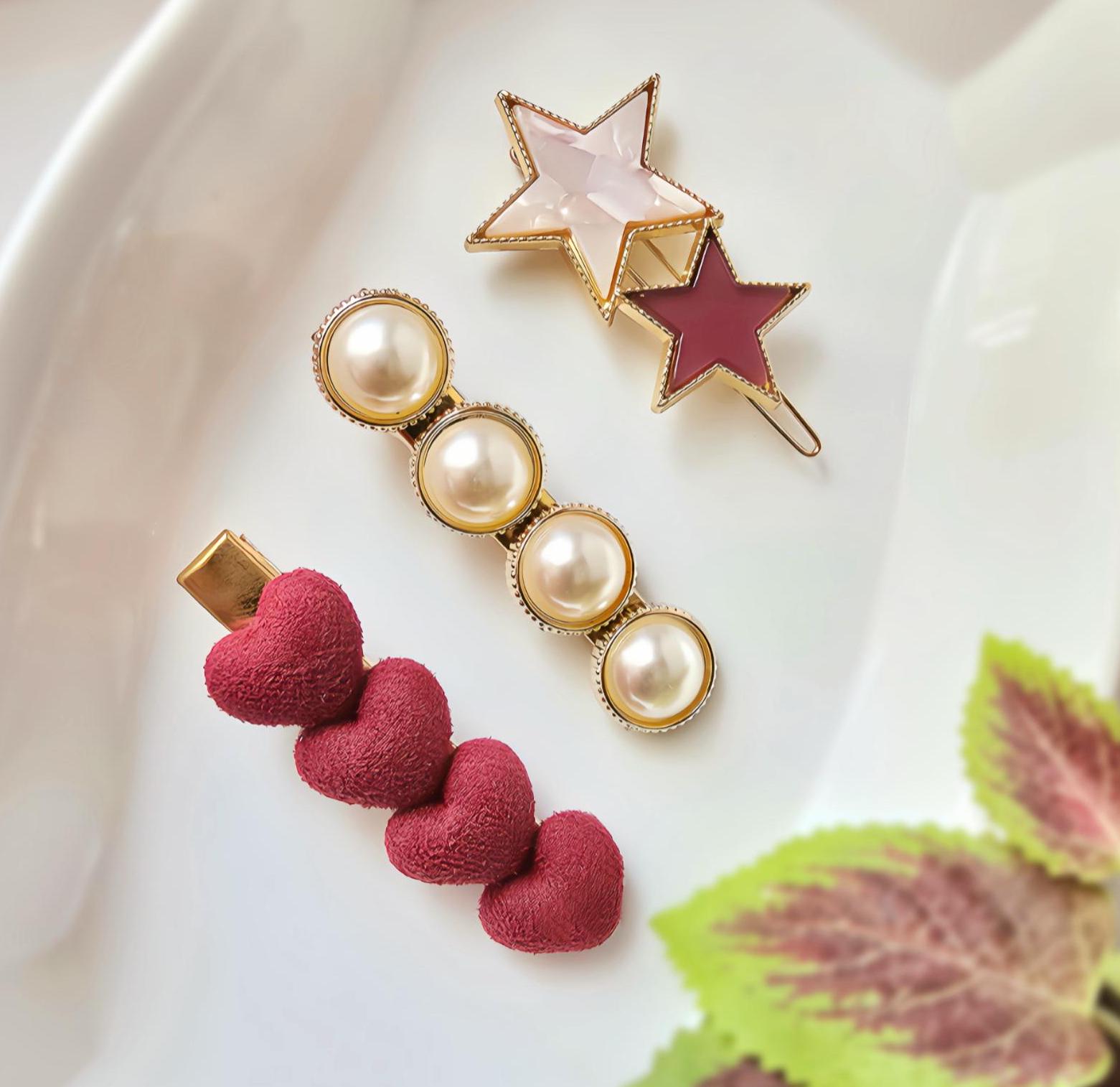 Red and Gold Hair Clip Set | Heart, Star, and Pearl Hairpins  display picture 1