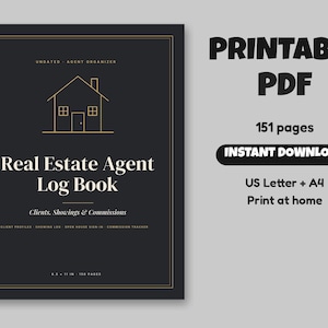 Könnte beinhalten: Ein schwarzes Logbuch für Immobilienmakler mit goldener Strichzeichnung eines Hauses. Der Text lautet Undated Agent Organizer, Real Estate Agent Log Book, Clients, Showings & Commissions, Client Profiles, Showing Log, Open House Sign-In, Commission Tracker, 8.5 x 11 in, 150 pages. Enthält Printable PDF, 151 pages, Instant Download, US Letter + A4, Print at home.