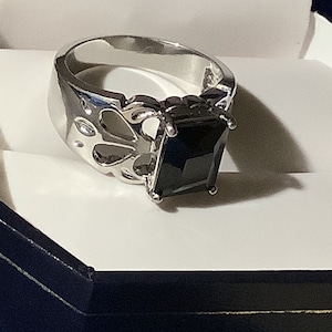 Vintage Onyx and Silver Tone Openwork Syle Ring, Bold Design, Size 7