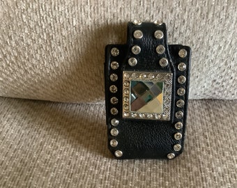 Vintage Rhinestones studded,, All leather handmade, cell phone case, black, 1980’s