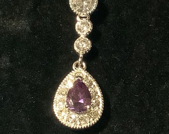 Gorgeous Amethyst Pendant Necklace Accented with Bright Crystals,and Rhinestones Drop Style