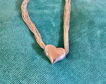 Vintage,  Beautiful- silver tone, 10-chain, puffed heart, choker with extension.