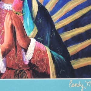 May include: A painting of the Virgin Mary wearing a blue and green robe, holding a red rose in her hands. The background is a dark blue with gold rays. The painting is signed "Candy Mayer".