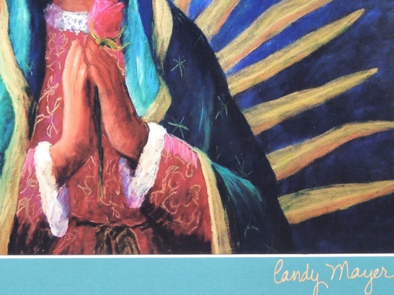 May include: A painting of the Virgin Mary wearing a blue and green robe, holding a red rose in her hands. The background is a dark blue with gold rays. The painting is signed "Candy Mayer".