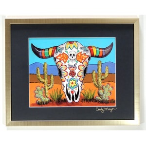 Dia de los Muertos Art, Western Skull, Mexican Folk Art Matted Print, Painted Cow Skull, Southwestern Art, Western Art Print