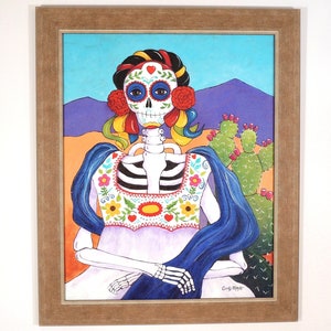 Dia de los Muertos Art, Mona Lisa Painting, Original Acrylic Painting on Canvas, Skeleton Art, Mexican Folk Art Painting, Southwestern Art