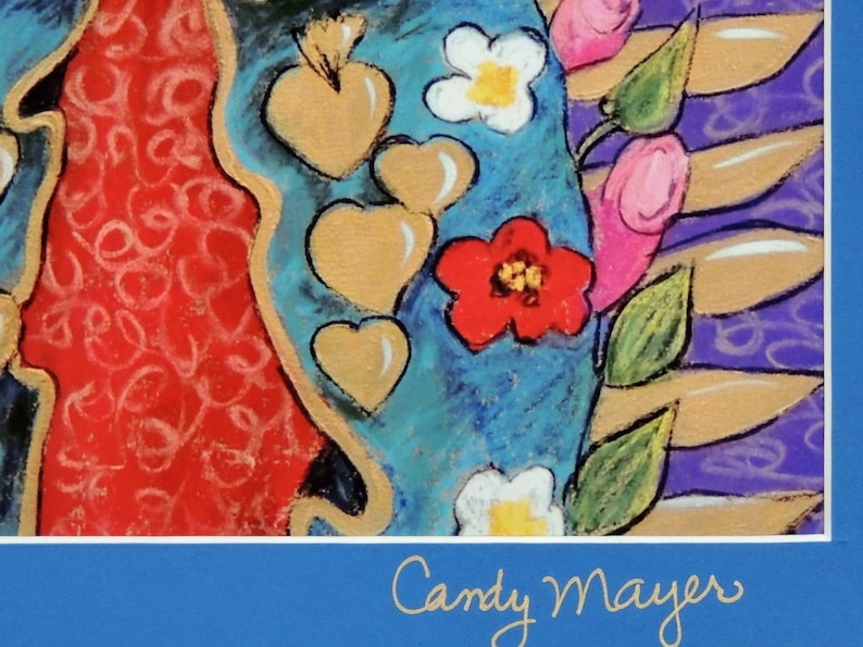 May include: A colorful painting of a heart with a red flower, white flowers, and gold hearts. The painting is signed "Candy Mayer" in the bottom right corner.