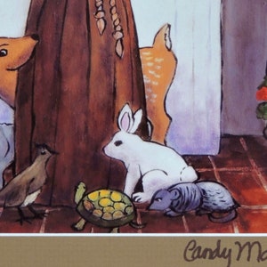May include: A watercolor painting of a woman in a brown robe with a variety of animals surrounding her. The animals include a fox, a deer, a rabbit, a turtle, a bird, and a small rodent. The painting is signed "Candy Mayer" in the bottom right corner.