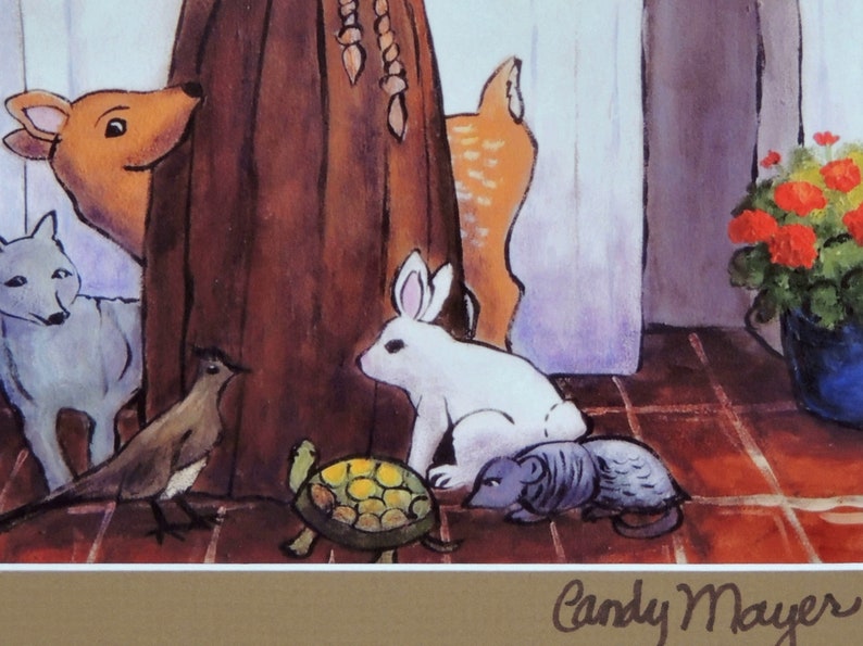 May include: A watercolor painting of a woman in a brown robe with a variety of animals surrounding her. The animals include a fox, a deer, a rabbit, a turtle, a bird, and a small rodent. The painting is signed "Candy Mayer" in the bottom right corner.