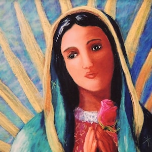 May include: A painting of the Virgin Mary, depicted with a blue and green robe, dark hair, and a pink rose in her hand. She is surrounded by a golden halo with rays of light.