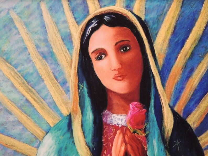 May include: A painting of the Virgin Mary, depicted with a blue and green robe, dark hair, and a pink rose in her hand. She is surrounded by a golden halo with rays of light.
