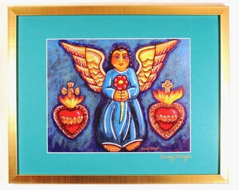 Sacred Heart Art, Mexican Folk Art Matted Print, Angel Art, Mexican Religious Art, Angel Gift, Religious Gift, Southwest Art