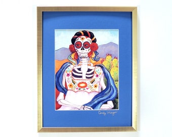 Dia de los Muertos Art Prints, Mona Lisa print, Mexican Folk Art Signed Matted Prints, Frida, Skeleton Art, Print Gifts, Southwestern Art