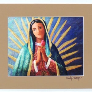 May include: A painting of the Virgin Mary, depicted wearing a blue and green robe, holding a pink rose in her right hand. She is surrounded by a golden halo with rays of light. The painting is signed "Candy Mayer" in the bottom right corner.