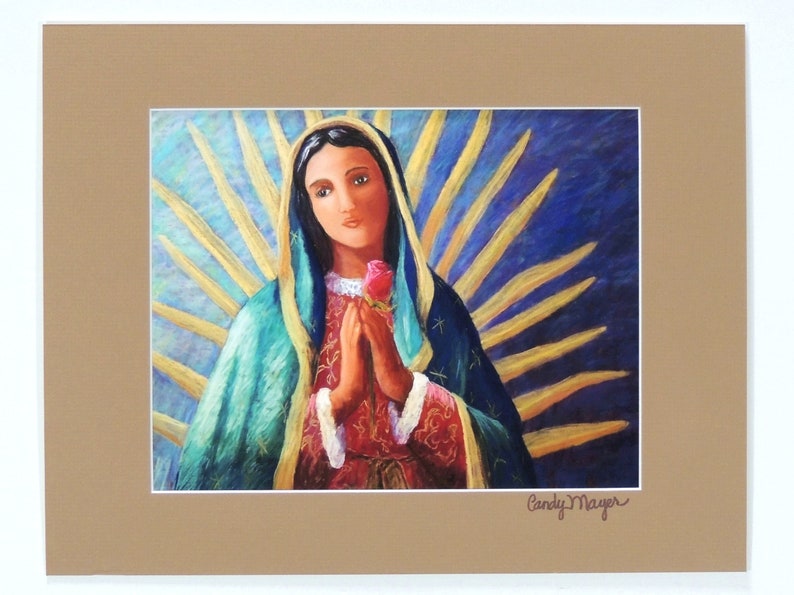 May include: A painting of the Virgin Mary, depicted wearing a blue and green robe, holding a pink rose in her right hand. She is surrounded by a golden halo with rays of light. The painting is signed "Candy Mayer" in the bottom right corner.