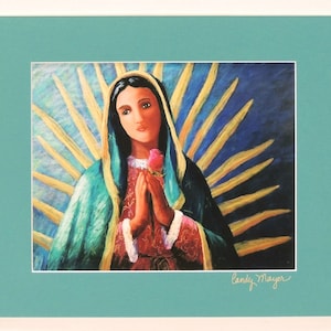May include: A painting of the Virgin Mary, depicted wearing a blue and green robe, holding a pink rose in her right hand. She is surrounded by a golden halo of light rays. The painting is signed "Candy Mayer" in the bottom right corner.