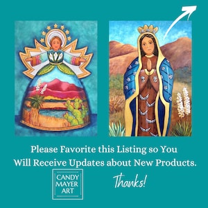 May include: Two colorful paintings of religious figures. The painting on the left depicts a woman with wings and a halo, standing on a landscape with cacti and mountains. The painting on the right depicts a woman in a blue robe with a crown, standing on a landscape with mountains and cacti. The text "CANDY MAYER ART" is at the bottom of the image.