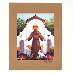 May include: A painting of Saint Francis of Assisi standing in front of a white building with a cross on top. He is surrounded by animals, including a dog, a deer, a rabbit, a turtle, and a bird. The painting is signed "Cindy Mayer".