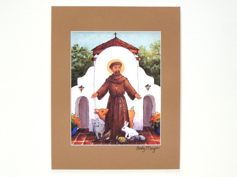 May include: A painting of Saint Francis of Assisi standing in front of a white building with a cross on top. He is surrounded by animals, including a dog, a deer, a rabbit, a turtle, and a bird. The painting is signed "Cindy Mayer".