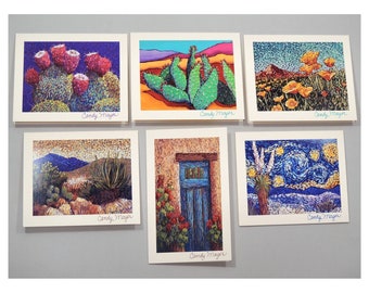 Southwest Art, Note Card Set, Desert Landscape, Poppies, Mountain and Cactus Art, Starry Night, Van Gogh Style, Santa Fe, Art Gift