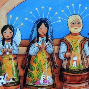 May include: A colorful, folk art depiction of a religious scene. The image features several figures with halos, including an angel holding a candle, a woman with hands clasped in prayer, and a man with a beard. The figures are adorned with detailed clothing.