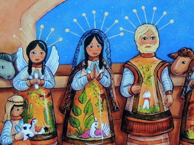 May include: A colorful, folk art depiction of a religious scene. The image features several figures with halos, including an angel holding a candle, a woman with hands clasped in prayer, and a man with a beard. The figures are adorned with detailed clothing.