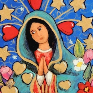 May include: A painting of the Virgin Mary with a blue robe and a red dress. She is surrounded by gold stars and hearts. The background is blue with white swirls.
