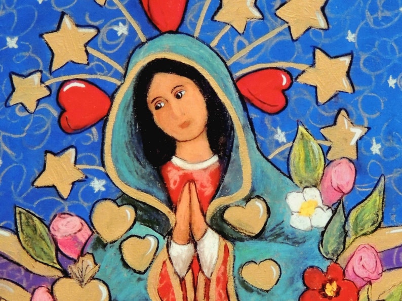 May include: A painting of the Virgin Mary with a blue robe and a red dress. She is surrounded by gold stars and hearts. The background is blue with white swirls.