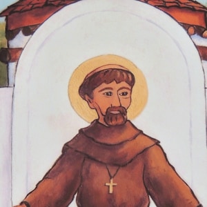 May include: A painting of a man with a brown beard and brown hair wearing a brown robe with a gold cross necklace. He has a gold halo behind his head. The painting is set against a white background with a brown archway.