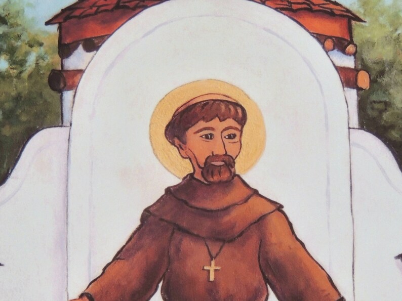 May include: A painting of a man with a brown beard and brown hair wearing a brown robe with a gold cross necklace. He has a gold halo behind his head. The painting is set against a white background with a brown archway.