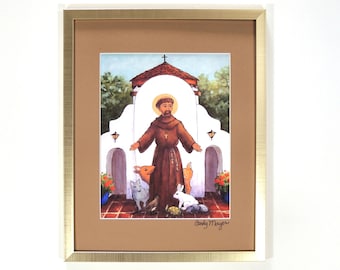 St. Francis Art, Mexican Folk Art Print, Catholic Saints Matted Print, Christian Gift, Southwestern Landscape, Religious Art Print