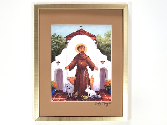 St. Francis Art, Mexican Folk Art Print, Catholic Saints Matted Print, Christian Gift, Southwestern Landscape, Religious Art Print