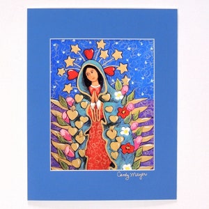 May include: A colorful painting of the Virgin Mary with a blue robe, red dress, and a crown of stars and hearts. The background is blue with white stars and flowers. The painting is signed "Candy Mayer".