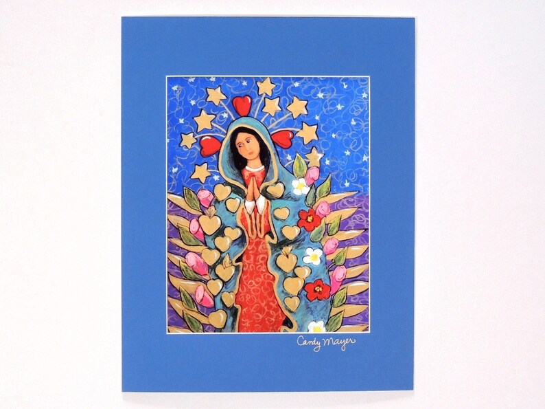 May include: A colorful painting of the Virgin Mary with a blue robe, red dress, and a crown of stars and hearts. The background is blue with white stars and flowers. The painting is signed "Candy Mayer".