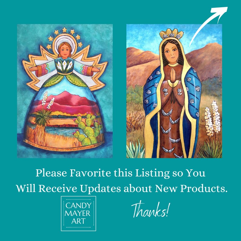 May include: Two colorful paintings of religious figures. The painting on the left depicts a woman with wings and a halo, standing on a landscape with cacti and mountains. The painting on the right depicts a woman in a blue robe with a crown, standing on a landscape with mountains and cacti. The text "CANDY MAYER ART" is at the bottom of the image.