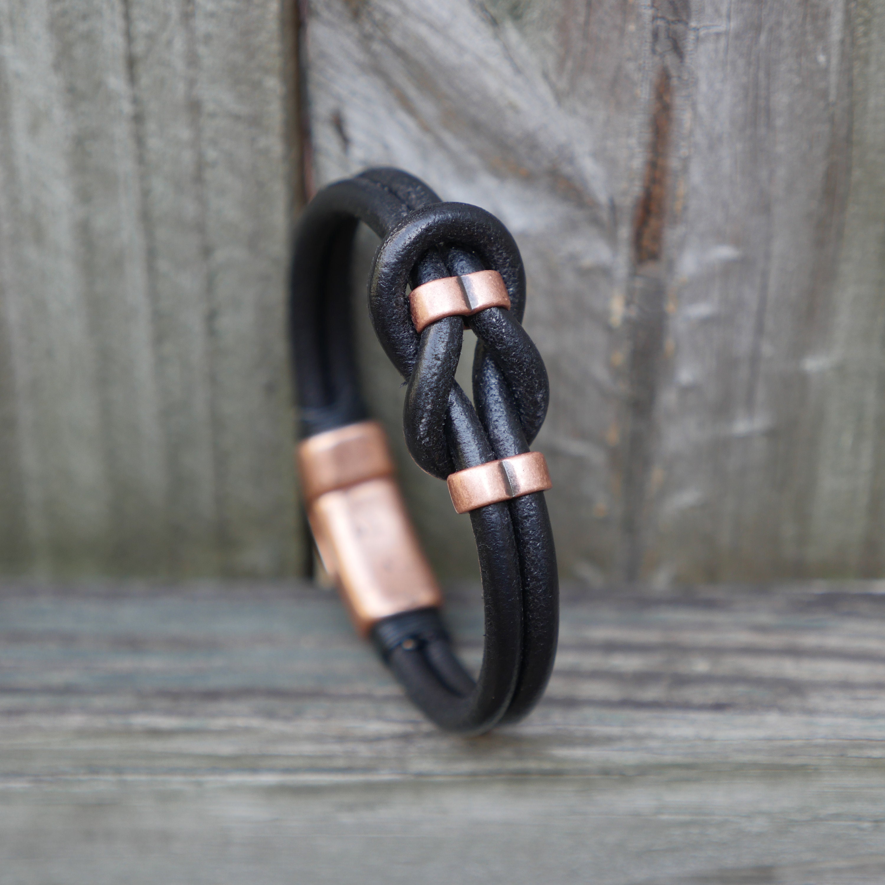 Men's Loop Knot Leather Bracelet Black W/ Copper 