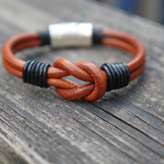 Steel Knot Leather Loop Bracelet Brown