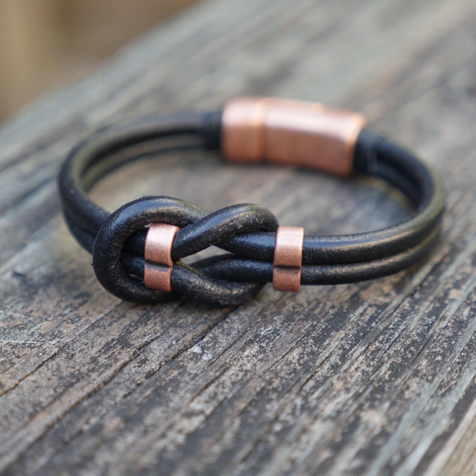 Men's Loop Knot Leather Bracelet Black W/ Copper - Etsy