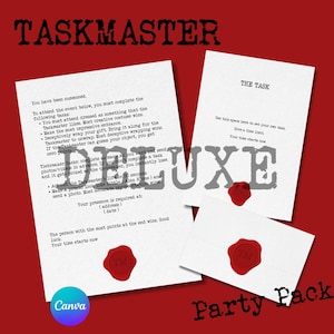 May include: A Taskmaster party pack featuring two white paper sheets with black typewriter-style text and a white envelope. Each item is sealed with a red wax stamp embossed with the letters TM. The text includes instructions for tasks.