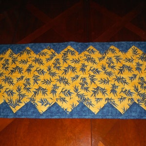 May include: A blue and yellow table runner with a geometric pattern of triangles. The triangles are filled with a repeating pattern of blue leaves on a yellow background.