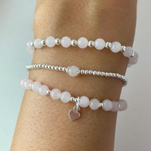 Sterling Silver Rose Quartz Bracelet Set, Handmade Beaded Stretch Bracelets, Delicate Stackable Jewellery