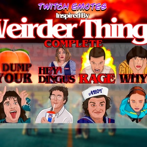 May include: A set of eight digital illustrations featuring characters from the popular Netflix series "Stranger Things". The illustrations are in a cartoon style and feature various expressions and poses. The text "Weirder Things" is displayed at the top of the image.