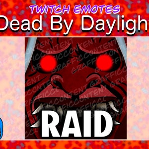 Può includere: Un'emoticon Twitch rosso e nero per il gioco Dead by Daylight. L'emoticon presenta un viso di demone rosso con occhi rossi luminosi e la parola "RAID" in lettere bianche.