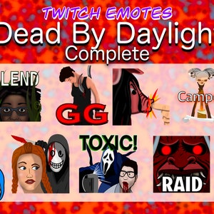 May include: A collection of Twitch emotes for the game Dead by Daylight. The emotes include a person blending in, a GG emote, a pig with a finger pointing at its snout, a camper, a person being stabbed, a toxic emote, and a raid emote.