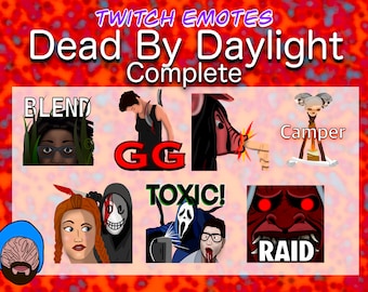 Könnte beinhalten: Eine Sammlung von Twitch-Emojis für das Spiel Dead by Daylight. Die Emojis beinhalten eine Person, die sich einblendet, ein GG-Emoji, ein Schwein mit einem Finger, der auf seine Schnauze zeigt, einen Camper, eine Person, die erstochen wird, ein toxisches Emoji und ein Raid-Emoji.