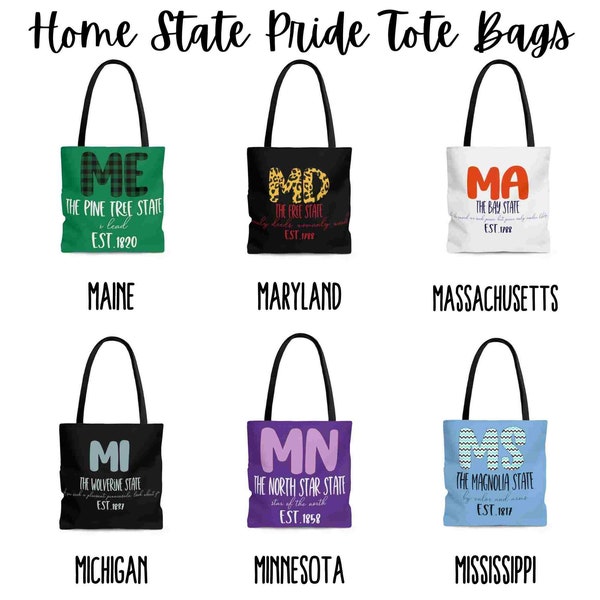 Home State Tote Bag/State gift/shopping bag/Maine, Maryland/Massachusetts/Michigan/Minnesota/Mississippi